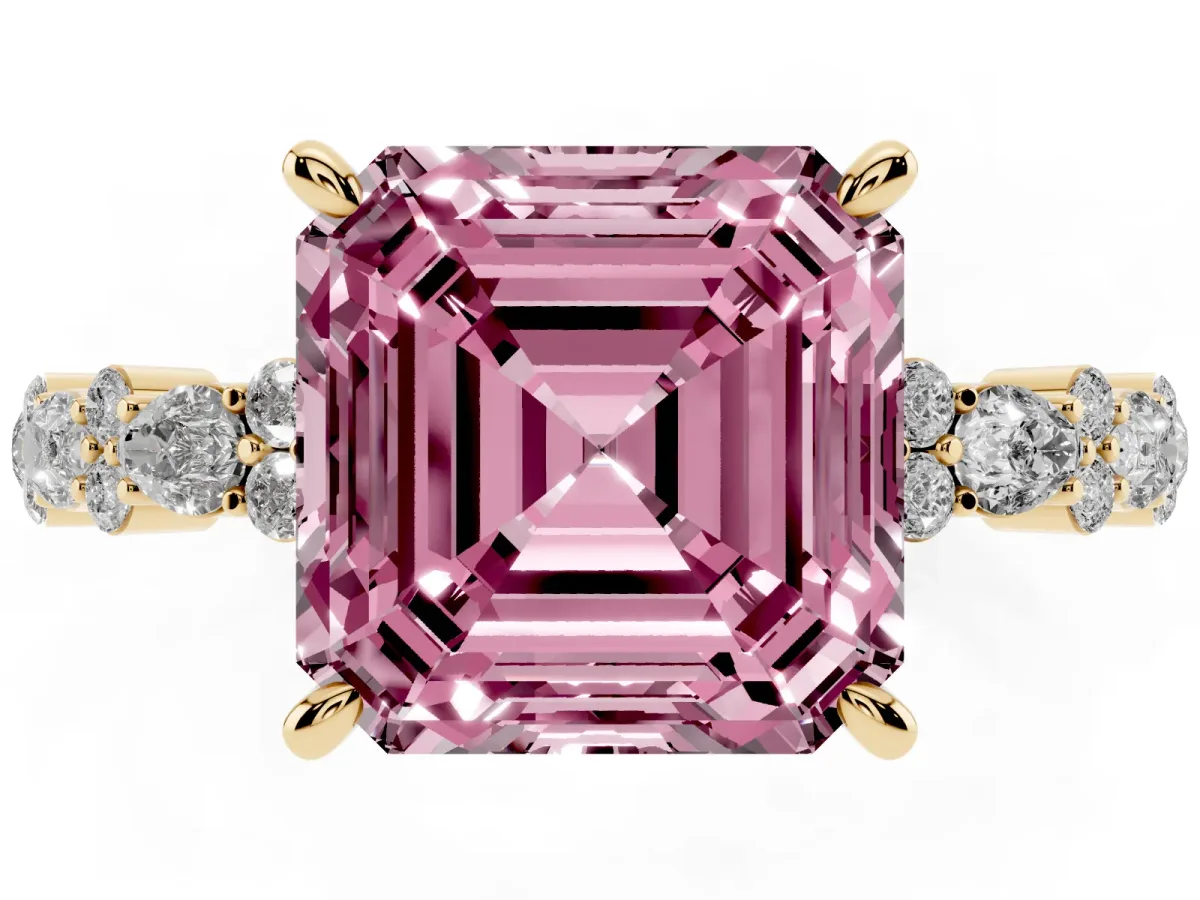 Fancy Pink Asscher Cut Diamond Side Stone Solitaire Ring with Round and Four-Prong Setting Yellow gold