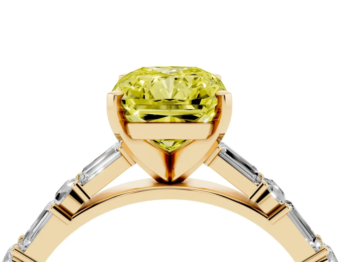 Fancy Yellow Radiant Cut Diamond Solitaire with Side Baguettes and Channel Set Band Yellow gold