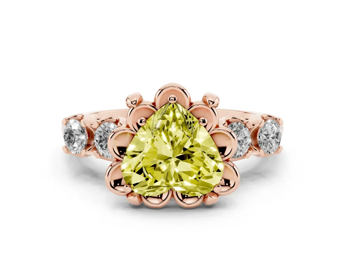 Fancy Yellow Heart Cut Cut Diamond Floral Halo Engagement Ring with Shared Prong Setting Rose gold