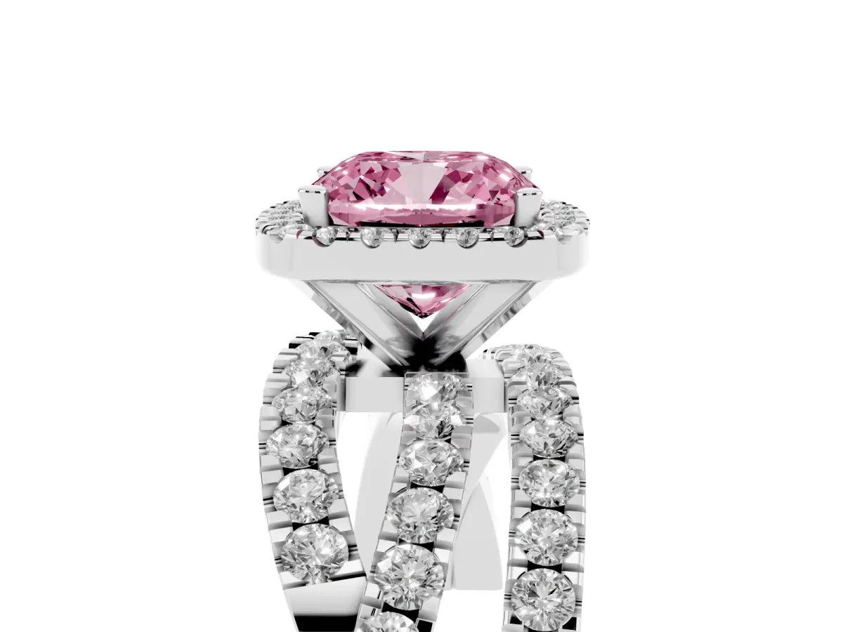 Fancy Pink Cushion Cut Diamond Halo Ring with Round Split Shank and Prong Setting Platinum