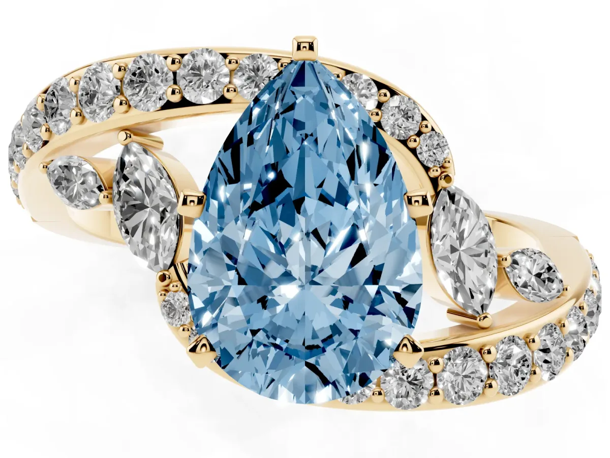 Fancy Blue Pear Cut Solitaire with Pavé Twist Band and Four-Prong Setting Yellow gold