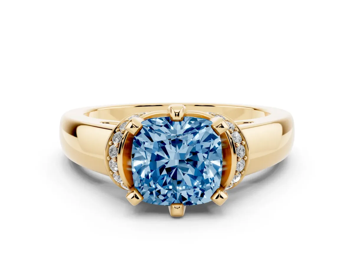Fancy Blue Cushion Cut Solitaire Diamond Ring with Pave Band and Six-Prong Setting Yellow gold