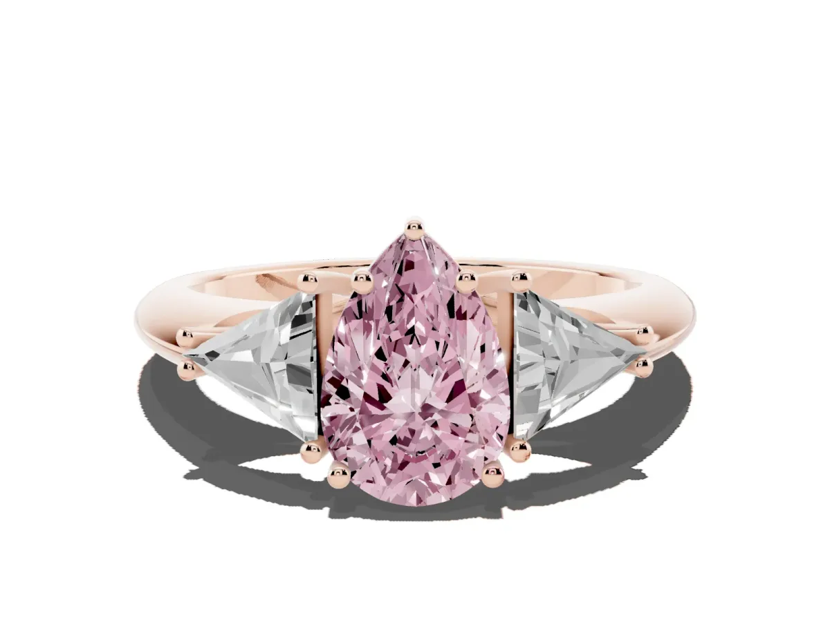 Fancy Pink Three-Stone Pear Cut Diamond Engagement Ring with Trillion Side Stones and Prong Setting Rose gold