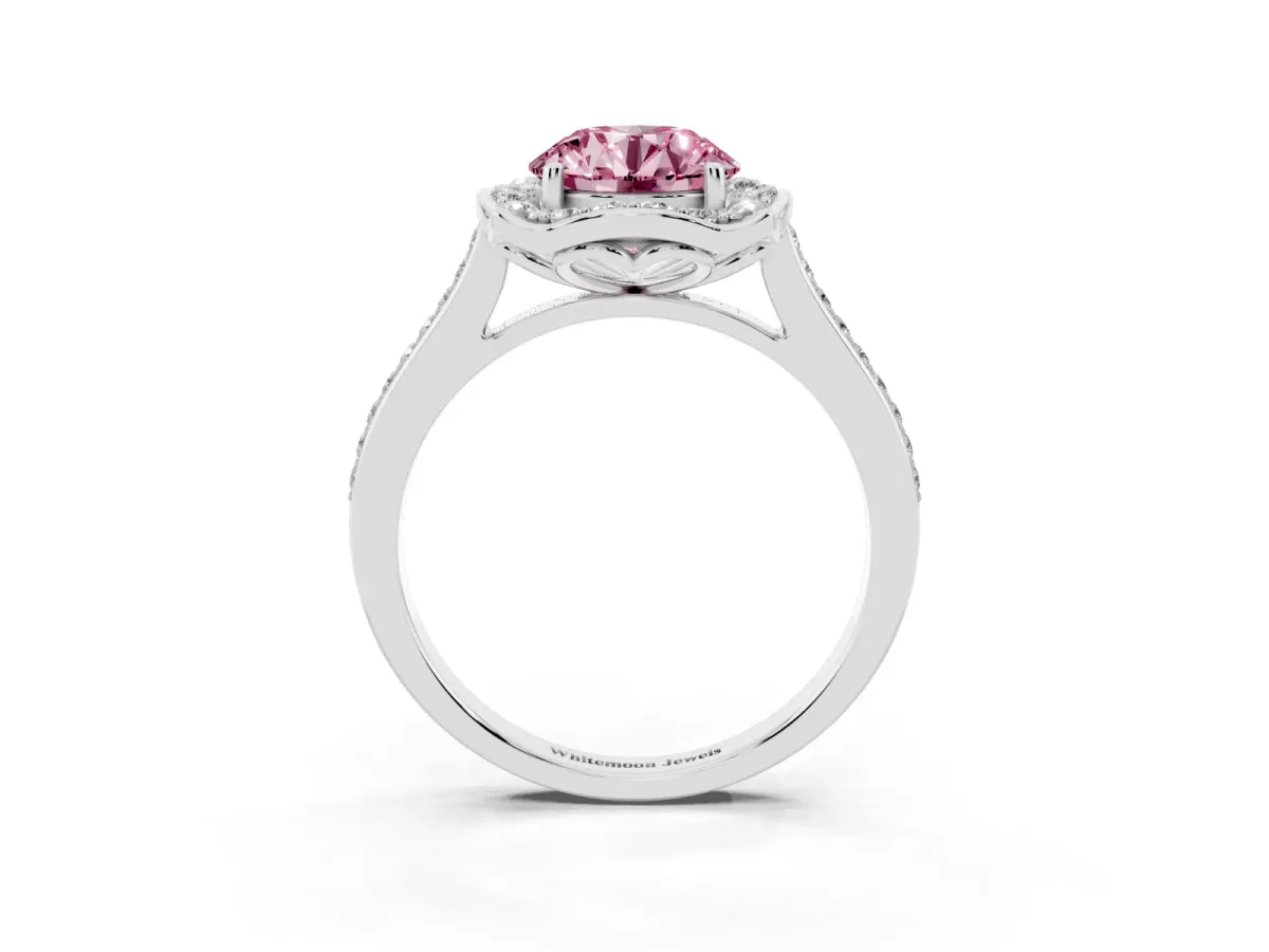 Fancy Pink Round Cut Halo Round Diamond Pave Band with Four-Prong Setting Silver