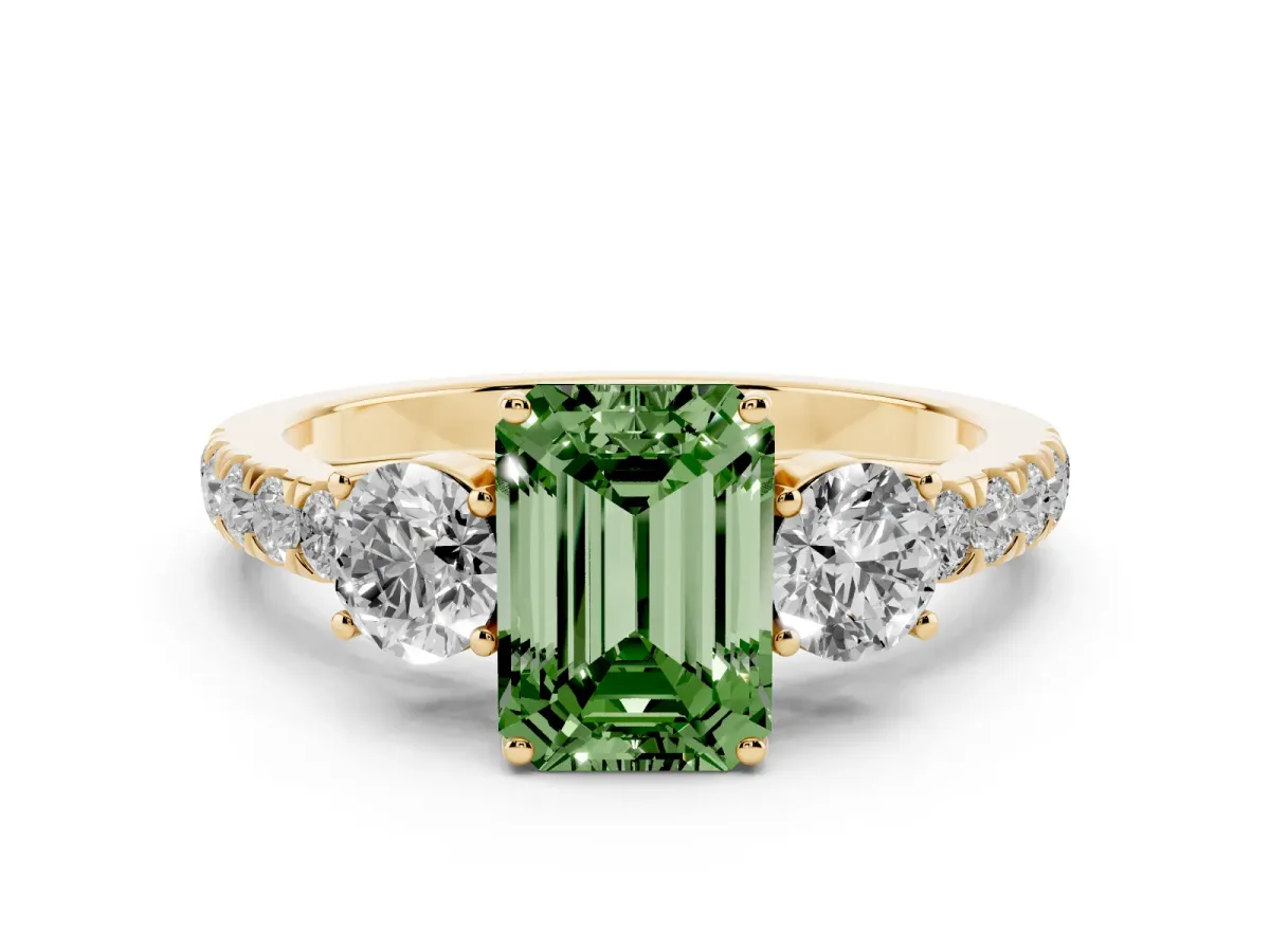 Fancy Green Emerald Cut Cut Diamond Three-Stone Ring with Round Side Stones and Pavé Band Yellow gold