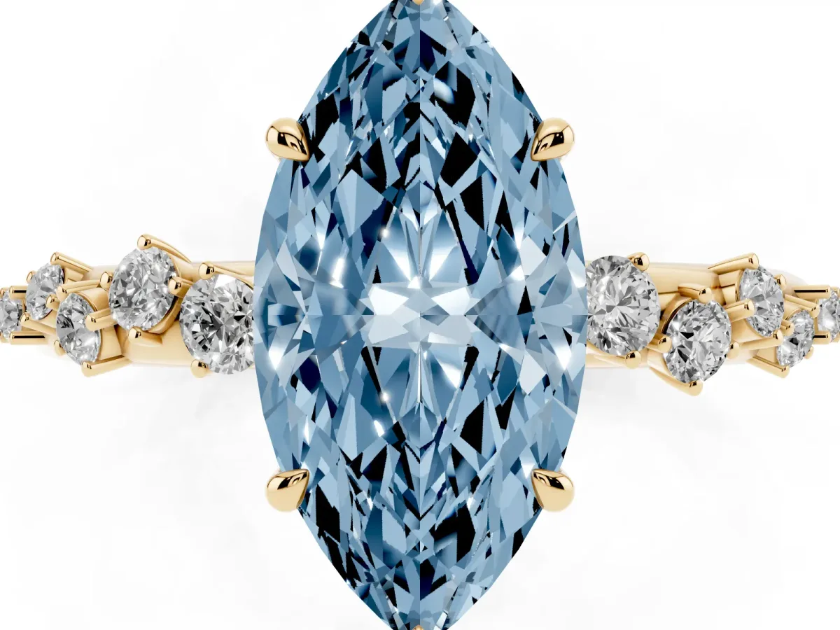 Fancy Blue Marquise Cut Diamond Cluster Prong-Set Solitaire Ring Yellow gold