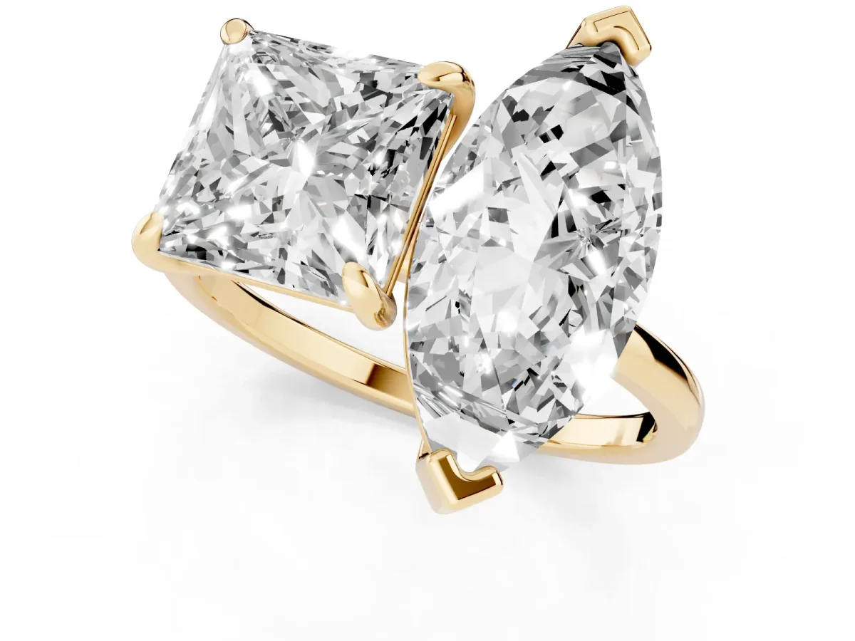Marquise and Princess Toi Moi Ring with Prong Setting and Plain Band Yellow gold