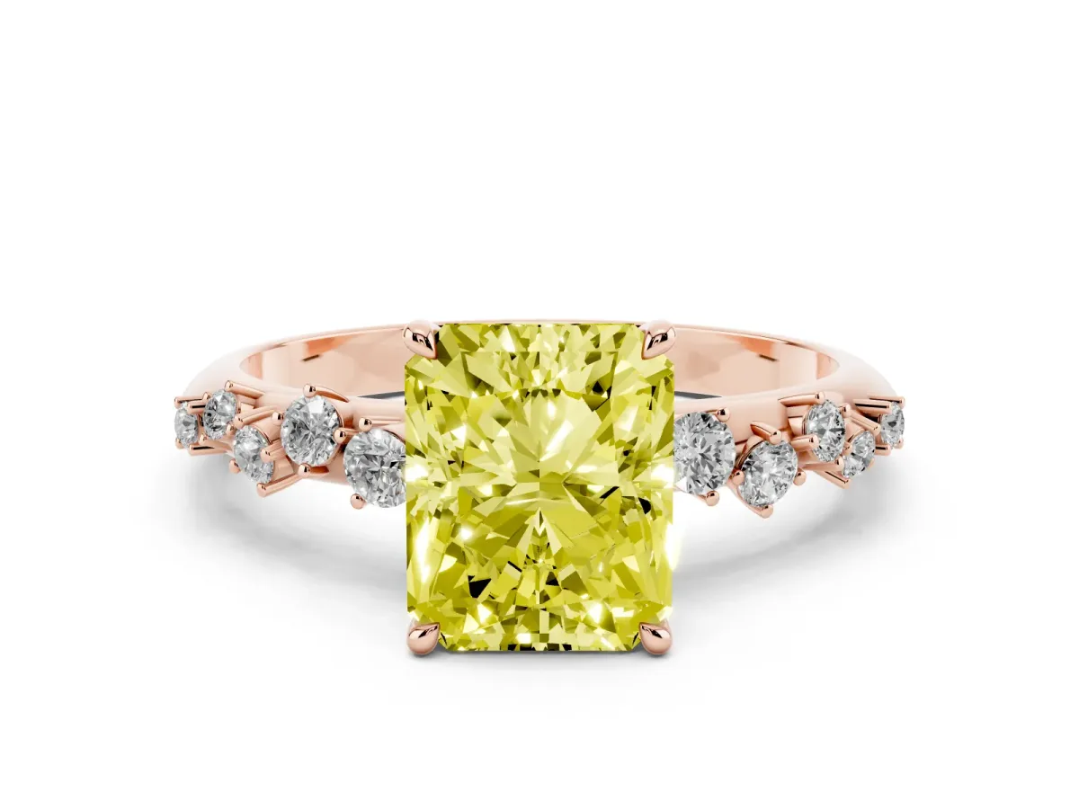 Fancy Yellow Radiant Cut Diamond Cluster Side Stone Solitaire Ring with Prong Setting Rose gold