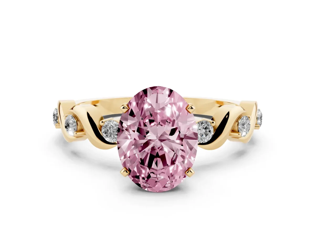 Fancy Pink Oval Cut Diamond Solitaire Twisted Band with Round Accents and Prong Setting Yellow gold