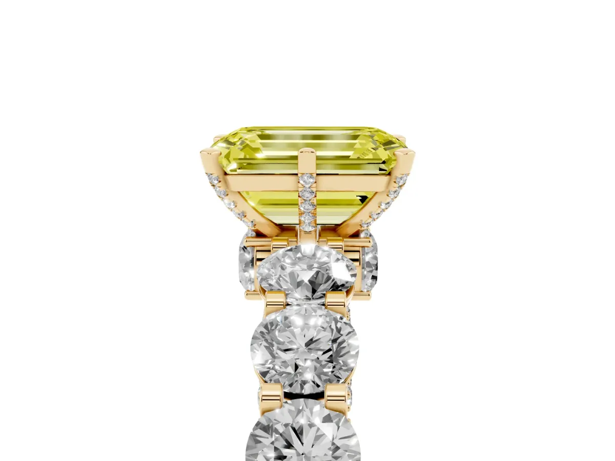 Fancy Yellow Emerald Cut Diamond Side Stone Engagement Ring with Four-Prong Setting Yellow gold