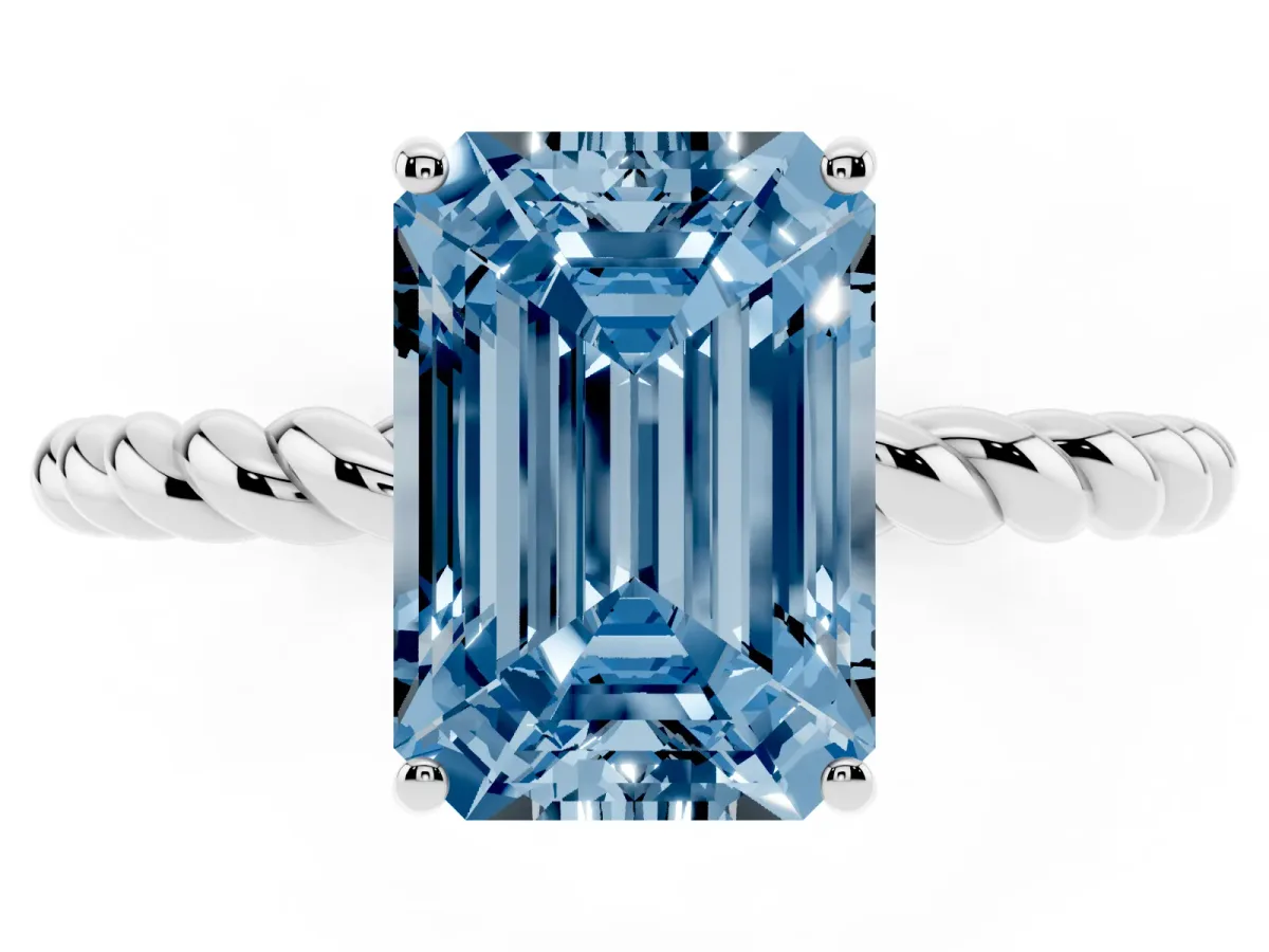Fancy Blue Emerald Cut Solitaire Twist Band Ring with Four-Prong Setting Platinum
