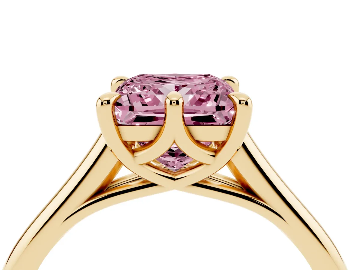 Fancy Pink Princess Cut Solitaire Engagement Ring with Six-Prong Setting and Classic Band Yellow gold