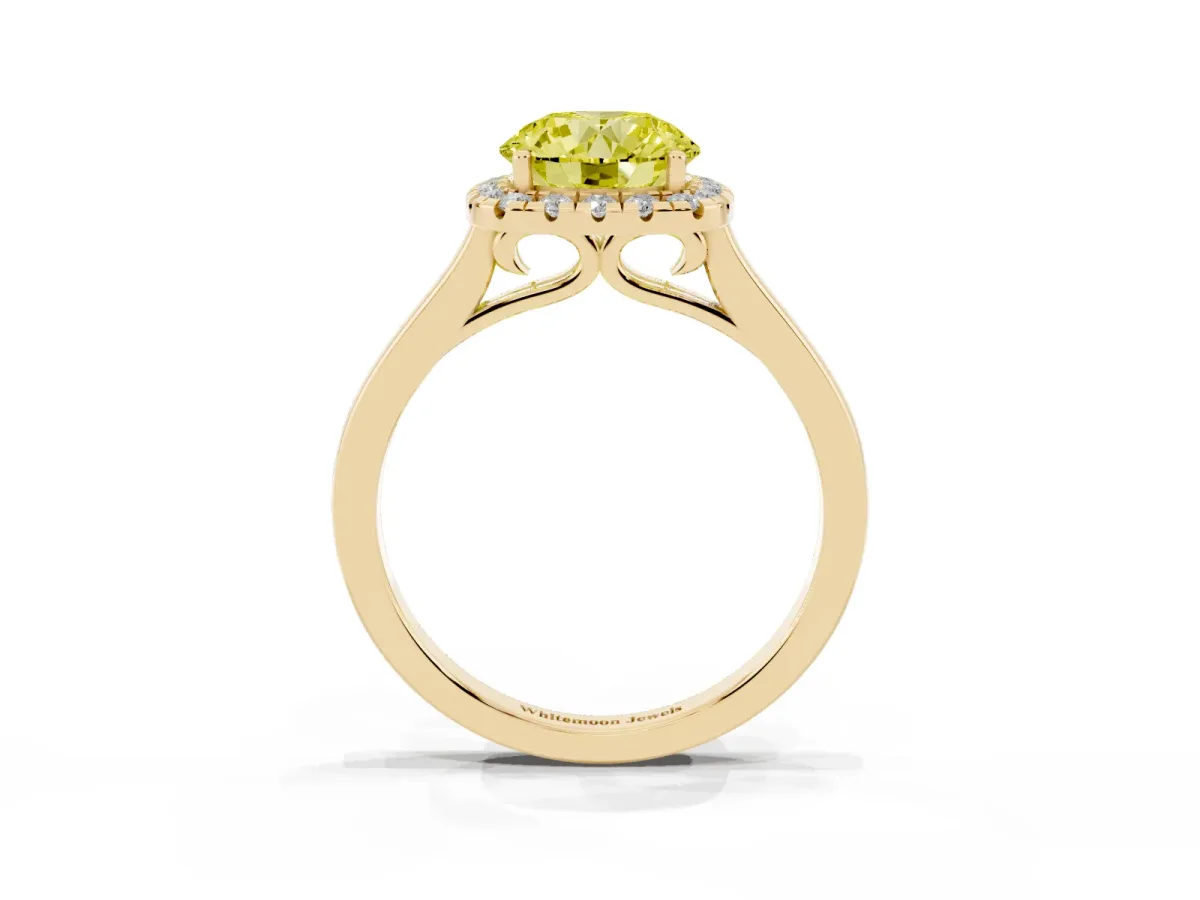Fancy Yellow Round Cut Halo Round Diamond Solitaire Ring with Pavé Band and Four-Prong Setting Yellow gold