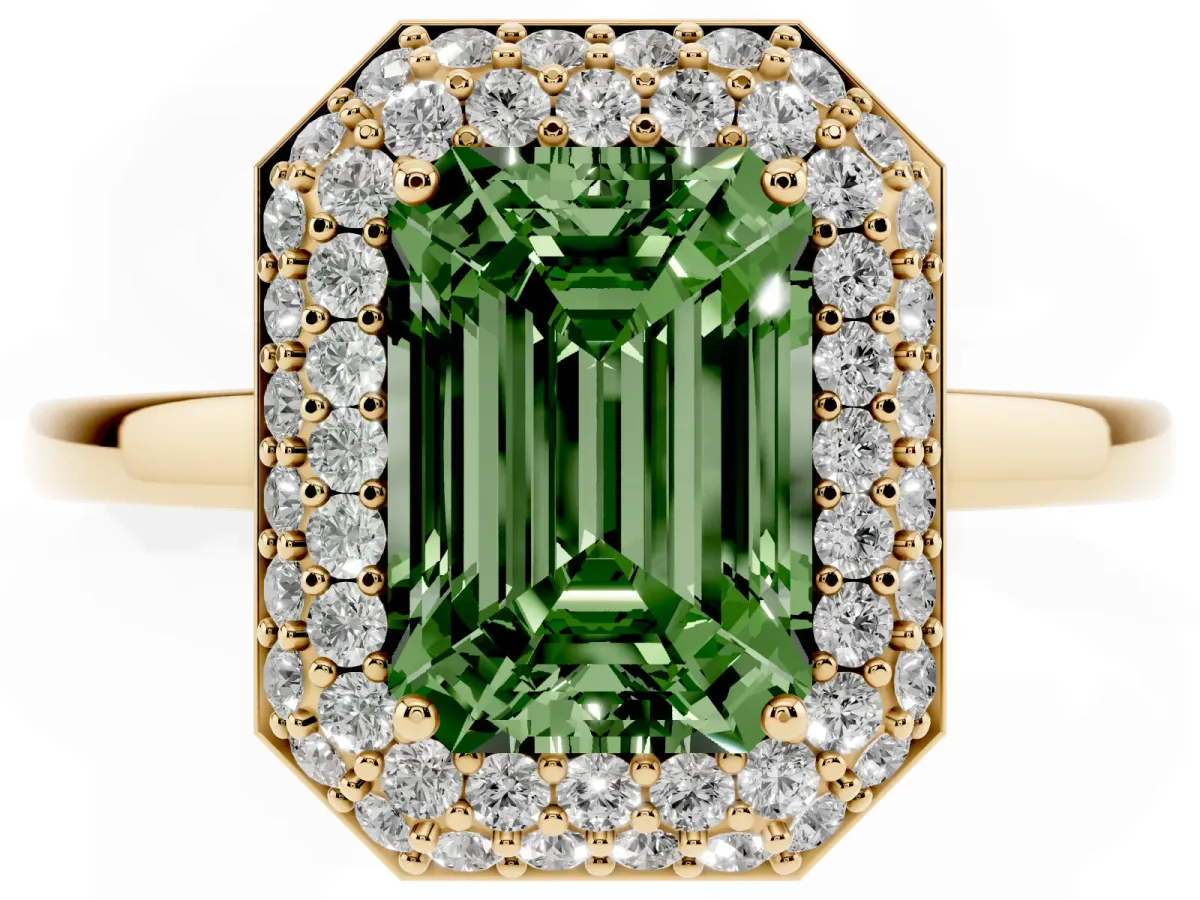 Fancy Green Emerald Cut Halo Diamond Engagement Ring with Solitaire Band and Four-Prong Setting Yellow gold