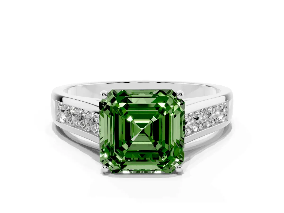Fancy Green Asscher Cut Brilliant Channel-Set Solitaire Ring with Four-Prong Setting Silver