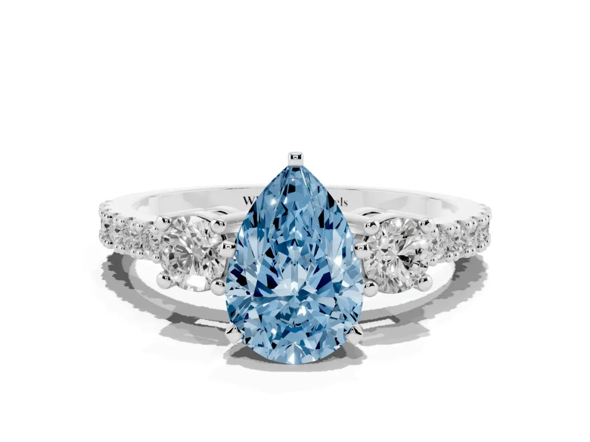 Fancy Blue Pear Cut Three-Stone Diamond Pavé Band with Prong Setting Silver