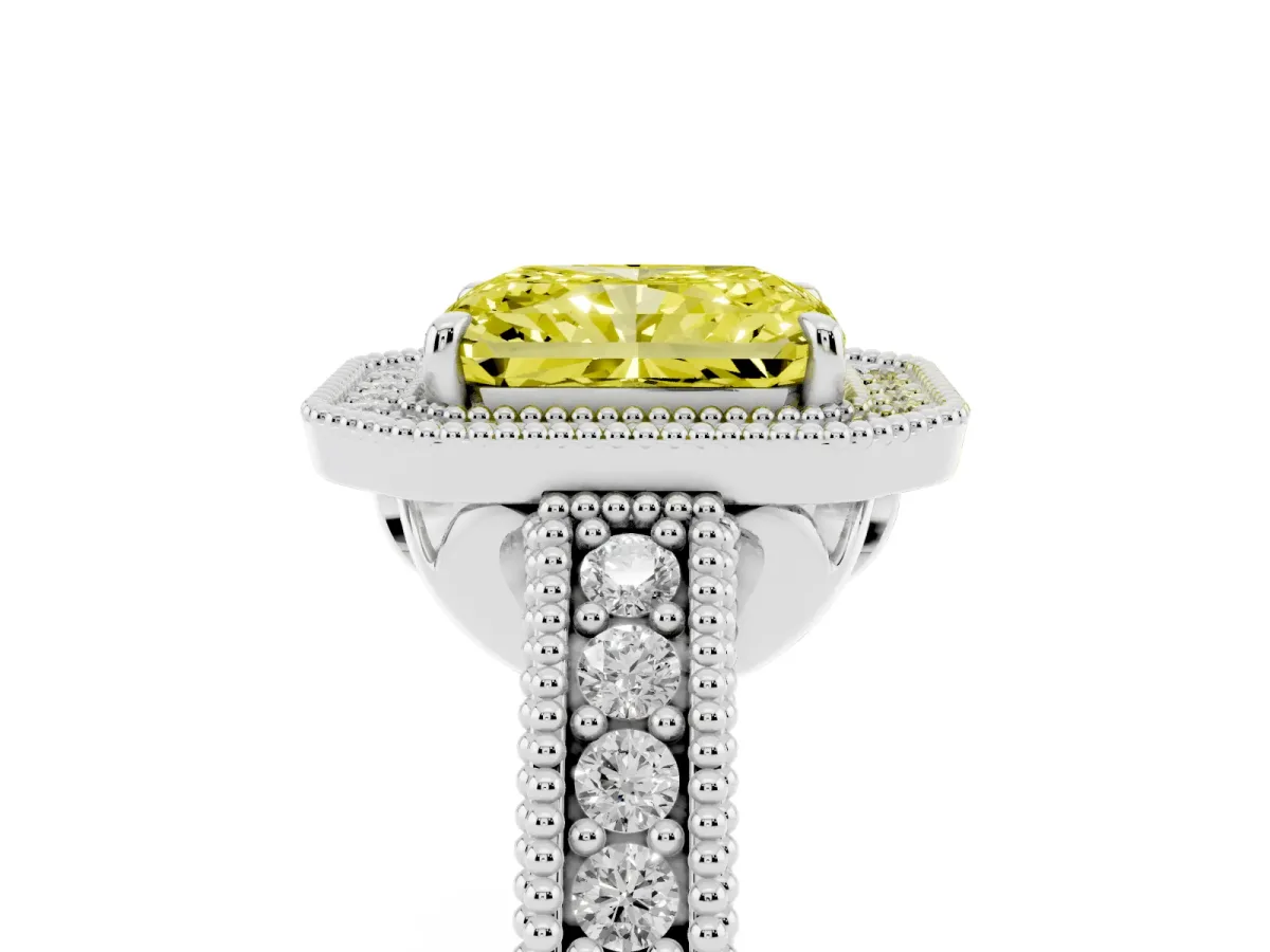 Fancy Yellow Radiant Cut Cut Halo Diamond Ring with Pavé Band and Four-Prong Setting Silver