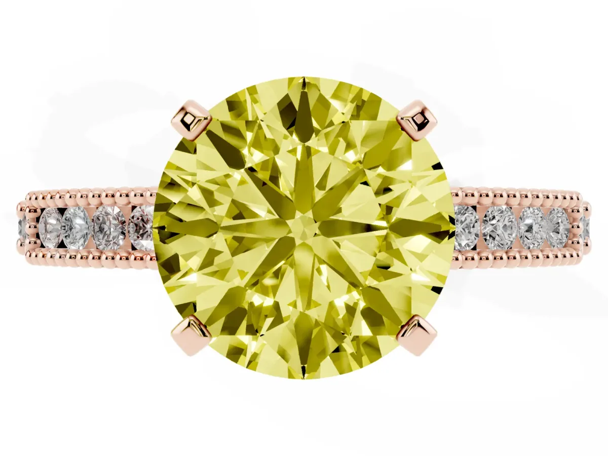 Fancy Yellow Round Cut Solitaire with Pavé Band and Four-Prong Setting Rose gold