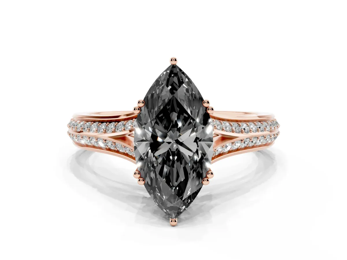 Fancy Black Marquise Cut Diamond Split Shank Engagement Ring with Pavé Band Rose gold