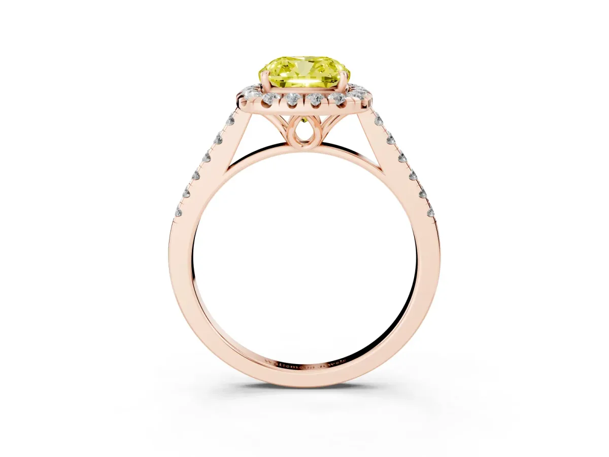 Fancy Yellow Cushion Cut Halo Pavé Diamond Engagement Ring with Four-Prong Setting Rose gold
