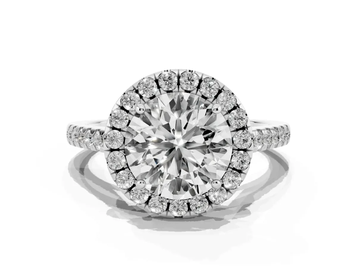 Round Cut Halo Pavé Diamond Engagement Ring with Four-Prong Setting Silver