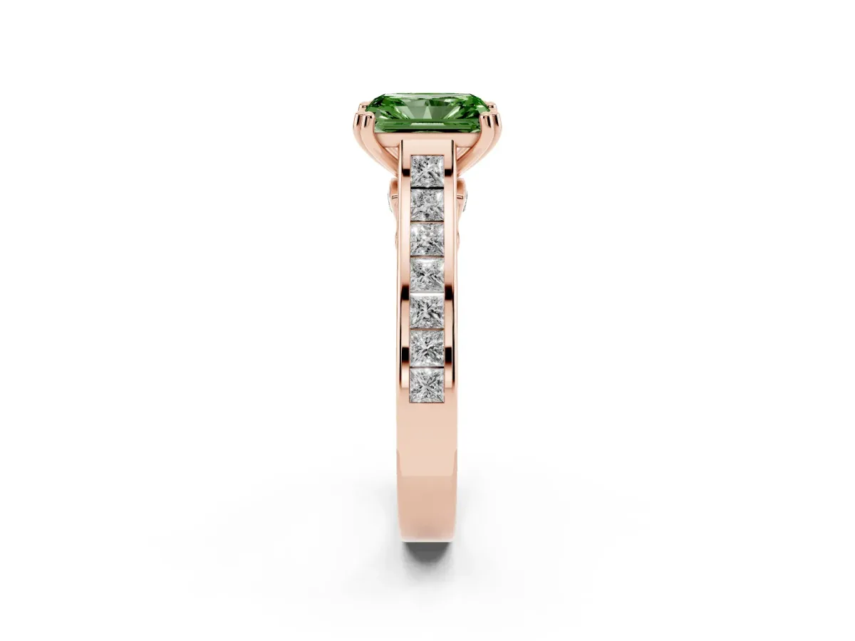 Fancy Green Radiant Cut Cut Channel Set Solitaire Engagement Ring with Prong Setting Rose gold