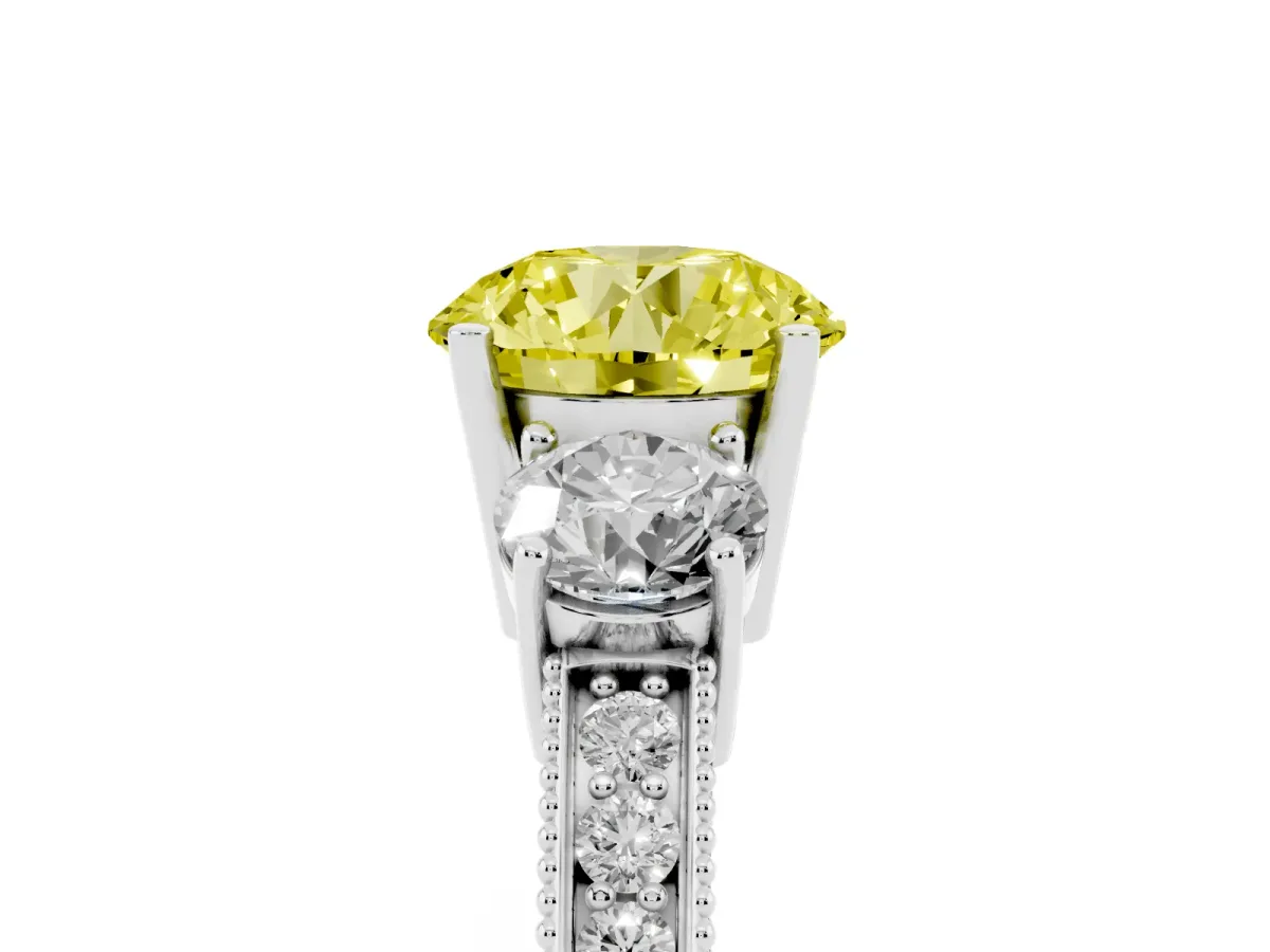 Fancy Yellow Round Cut Three-Stone Diamond Ring with Pavé Band and Four-Prong Setting Silver