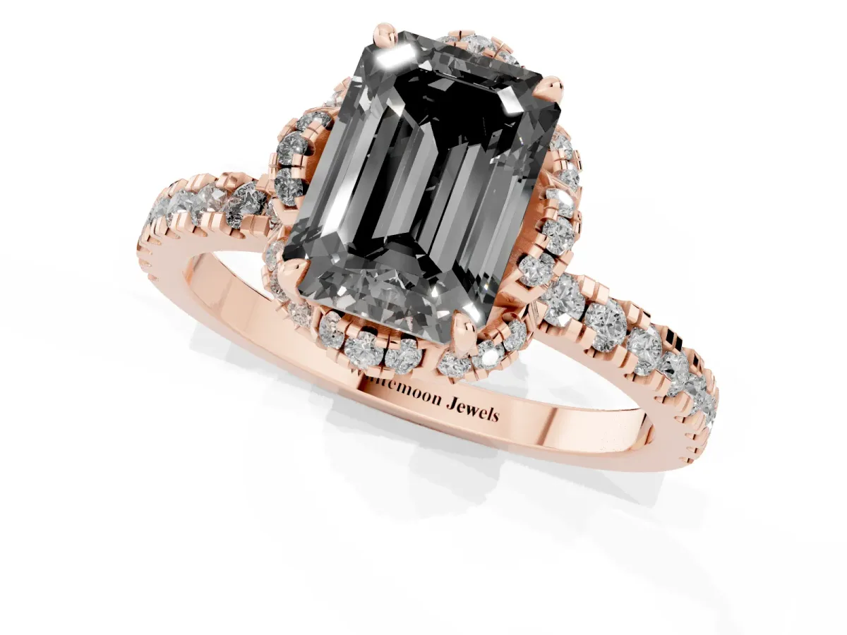 Fancy Black Emerald Cut Diamond Halo Pave Band with Four-Prong Setting Rose gold