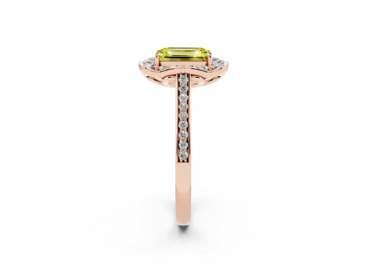Fancy Yellow Emerald Cut Halo Round Diamond Pave Band with Four-Prong Setting Rose gold