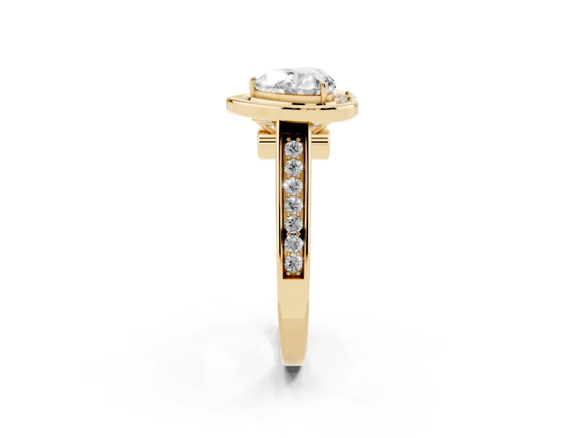 Heart Cut Halo Solitaire Diamond Ring with Pave Band and Bezel Setting Yellow gold