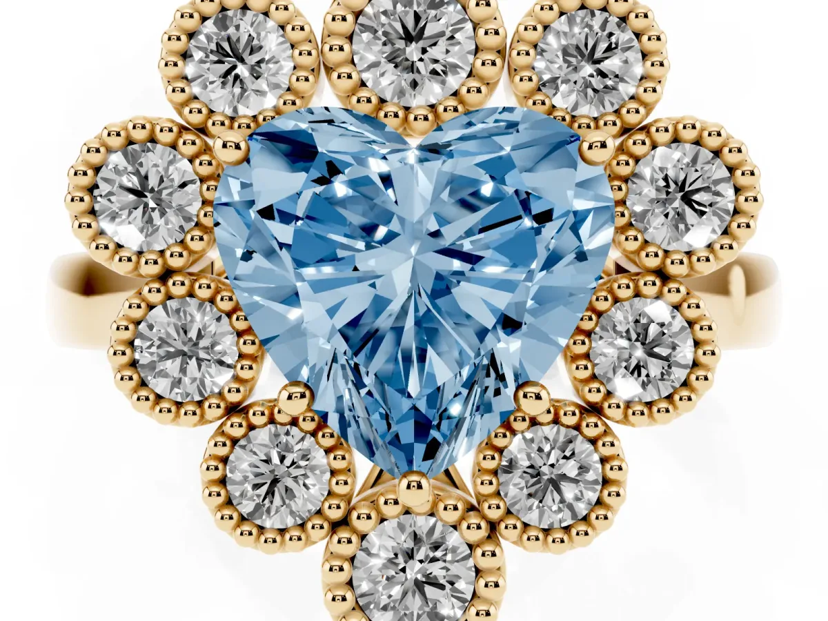 Fancy Blue Heart Cut Halo Diamond Cluster Engagement Ring with Milgrain Bezel Setting and Solitaire Band Yellow gold