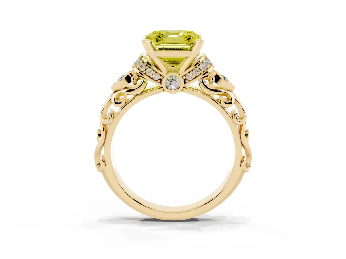Fancy Yellow Asscher Cut Diamond Solitaire Ring with Filigree Band and Four-Prong Setting Yellow gold