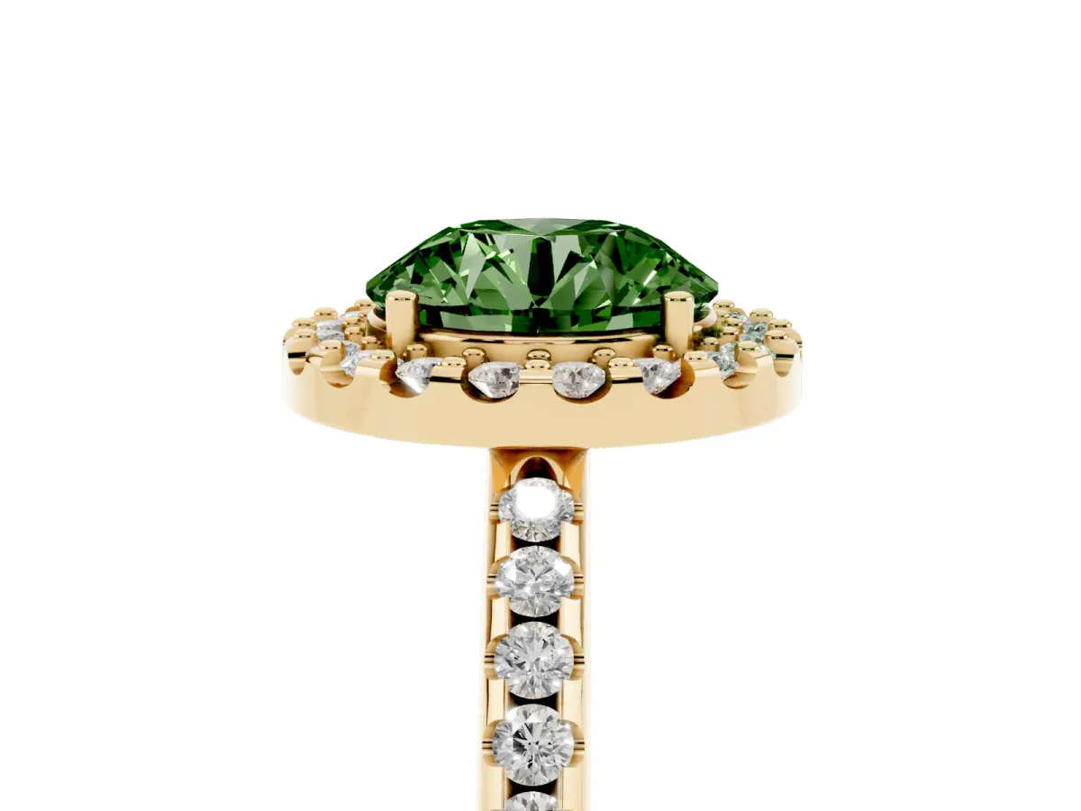 Fancy Green Round Cut Diamond Pavé Halo Ring with Four-Prong Setting Yellow gold