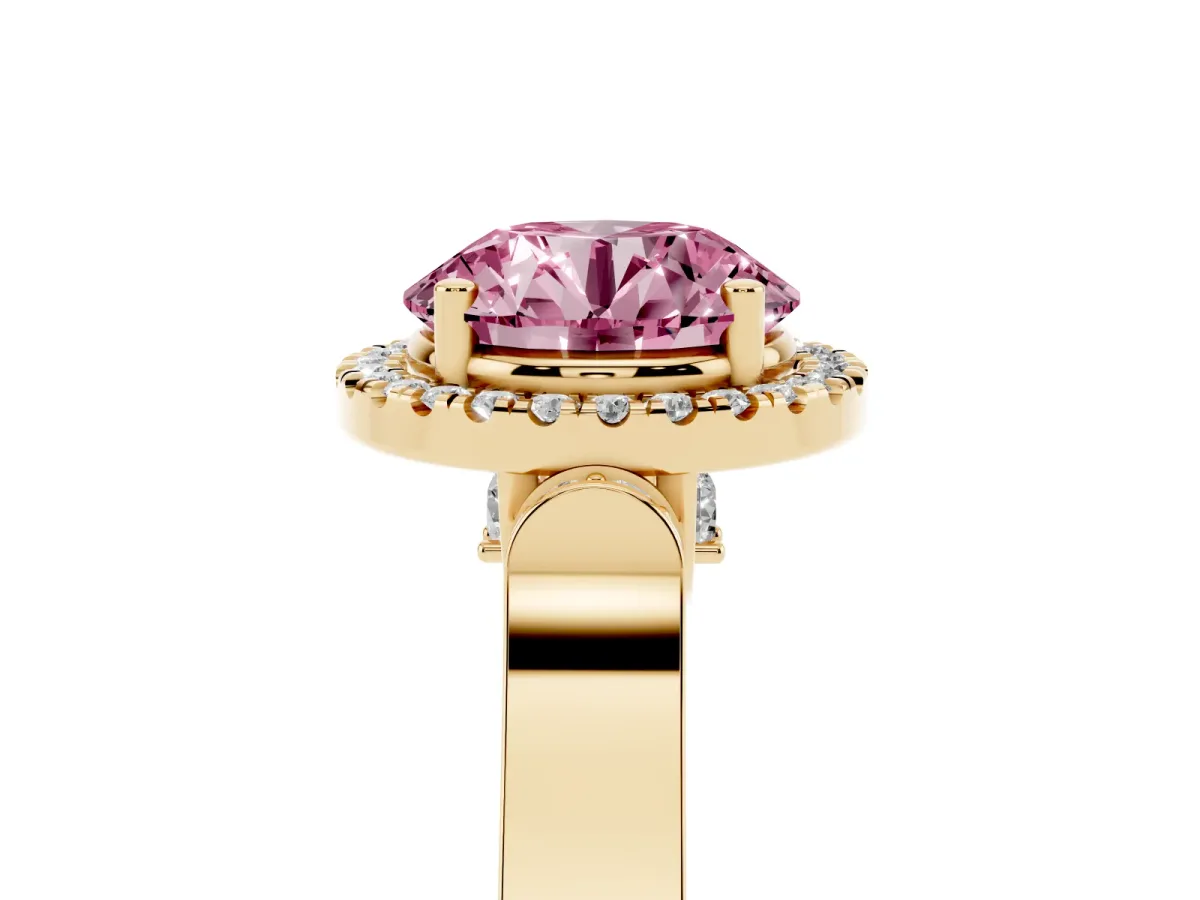 Fancy Pink Round Cut Halo Round Diamond Twist Band with Four-Prong Setting Yellow gold