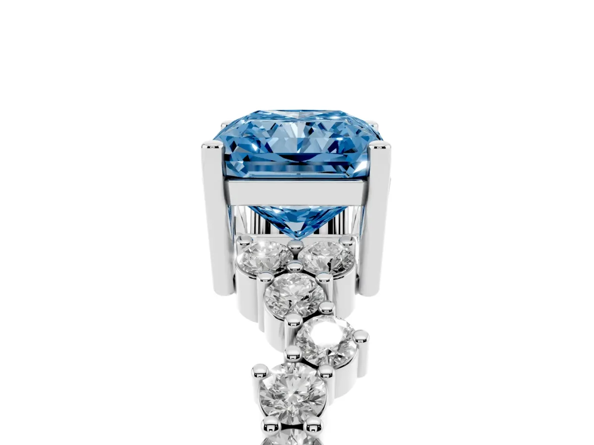 Fancy Blue Radiant Cut Diamond Scattered Round Accent Ring with Prong Setting White gold