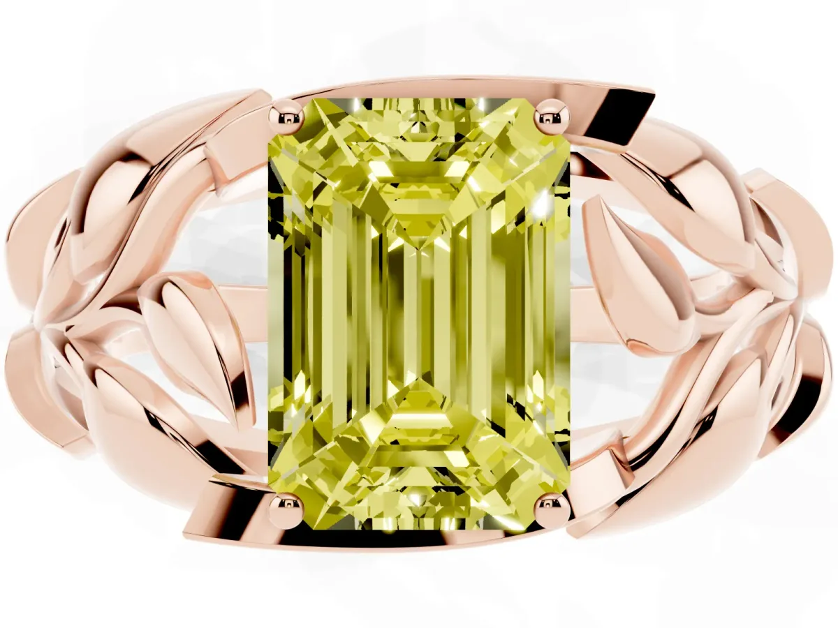 Fancy Yellow Emerald Cut Diamond Leaf-Inspired Engagement Ring with Round Accents and Prong Setting Rose gold