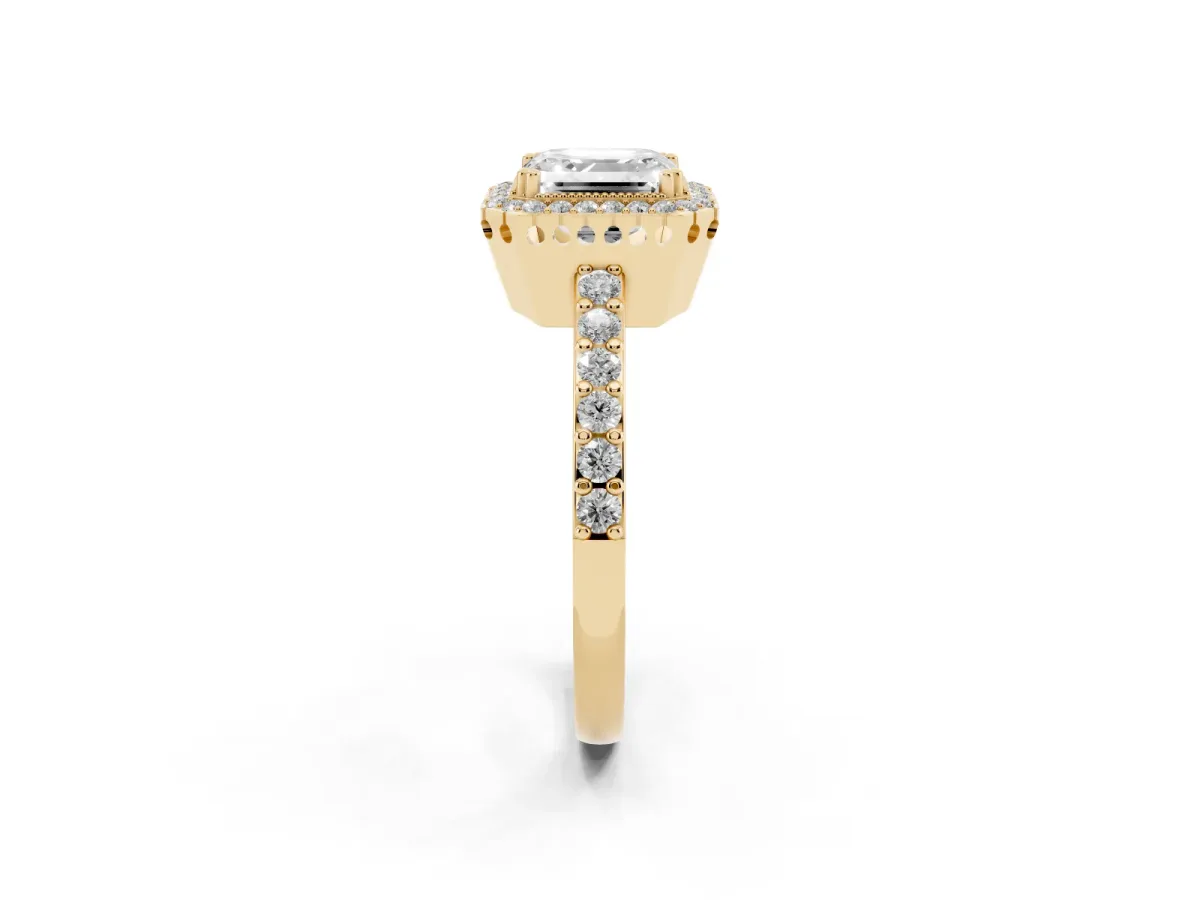 Asscher Cut Cut Diamond Halo Engagement Ring with Milgrain Detail and Pavé Band Yellow gold