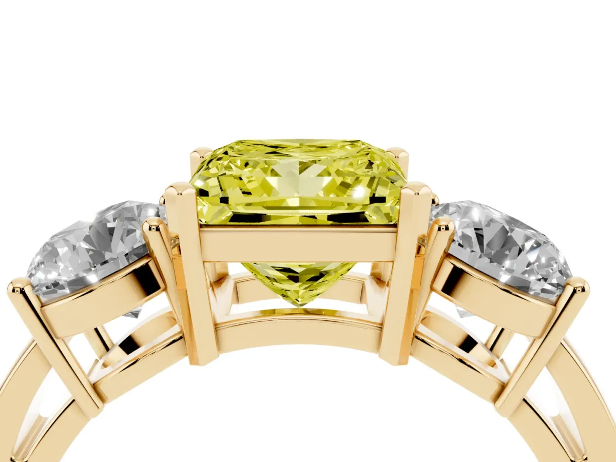 Fancy Yellow Three-Stone Princess Cut Diamond Ring with Round Side Stones, Classic Band, and Four-Prong Setting Yellow gold