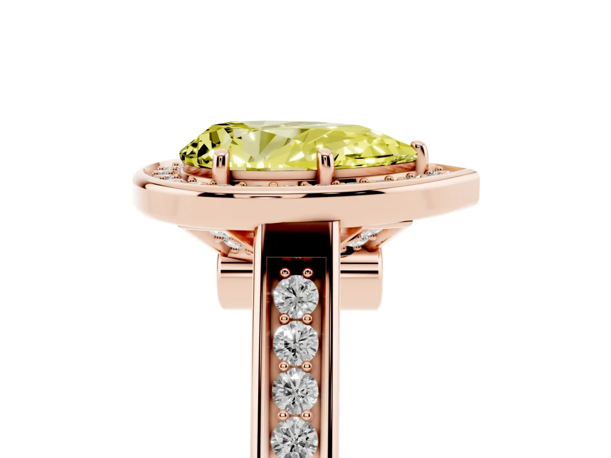 Fancy Yellow Pear Cut Halo Solitaire Diamond Ring with Pave Band and Bezel Setting Rose gold
