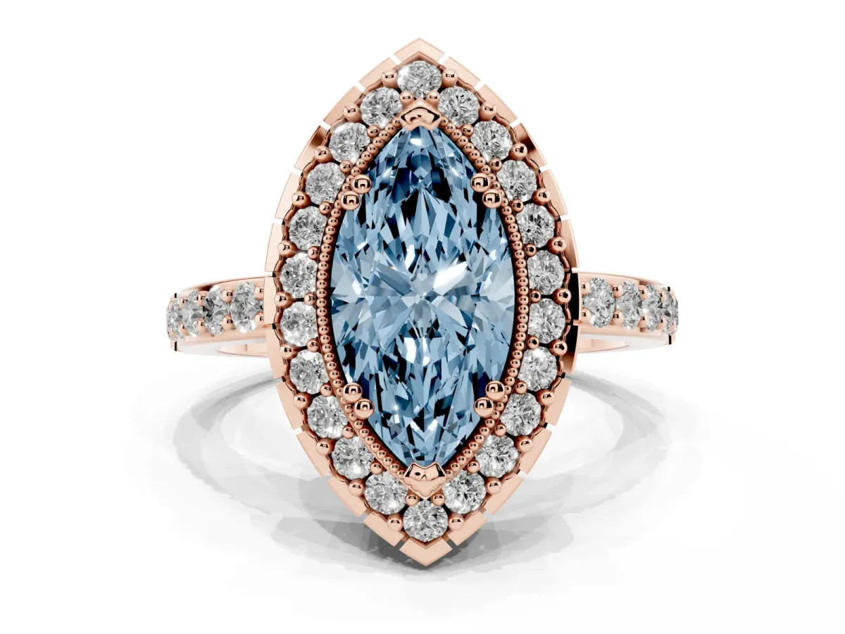 Fancy Blue Marquise Cut Diamond Halo Ring with Pavé Band and Prong Setting Rose gold