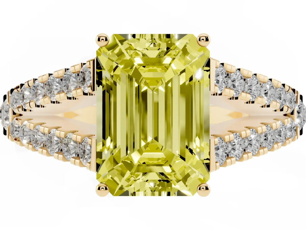 Fancy Yellow Emerald Cut Diamond Split Shank Engagement Ring with Round Pavé and Prong Setting Yellow gold