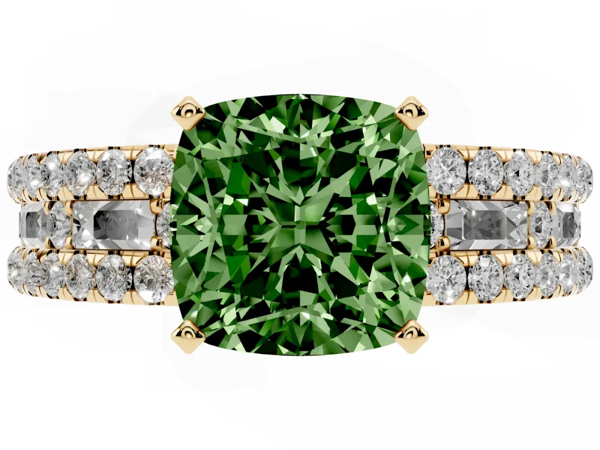 Fancy Green Cushion Cut Diamond Solitaire Ring with Pavé and Channel Set Band Yellow gold
