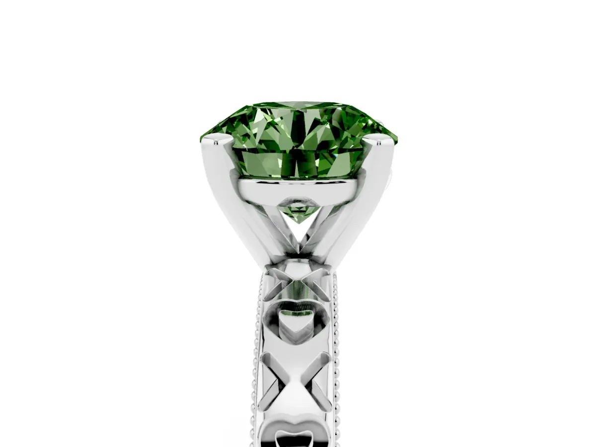 Fancy Green Round Cut Solitaire Diamond Engagement Ring with XO Engraved Band and Four-Prong Setting Platinum