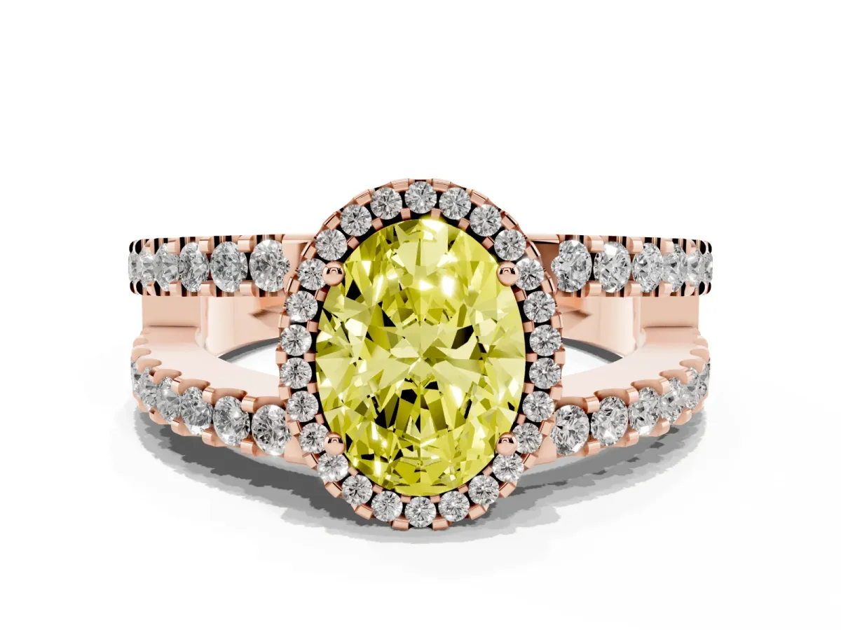 Fancy Yellow Oval Cut Cut Halo Split Shank Diamond Ring with Four-Prong Setting Rose gold