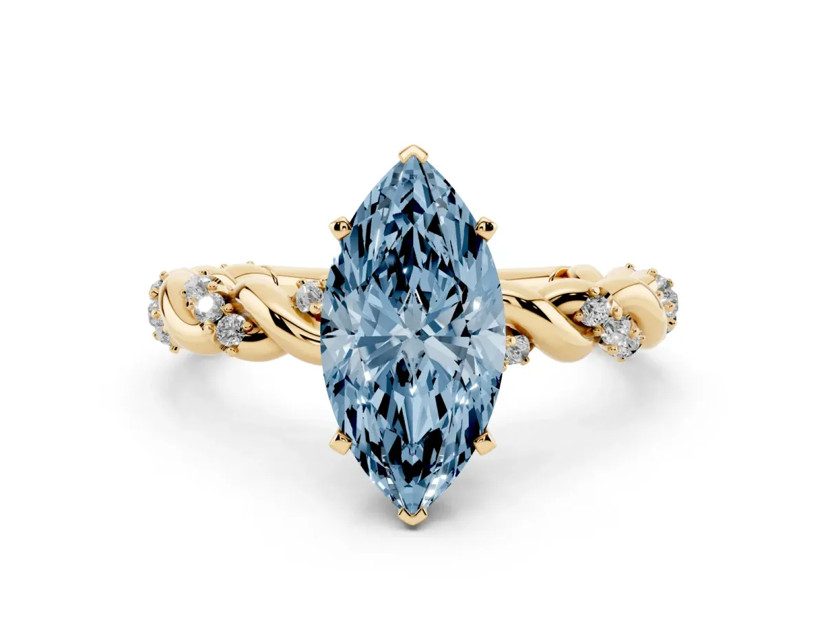 Fancy Blue Marquise Cut Diamond Solitaire Ring with Twisted Band and Pavé Accents Yellow gold
