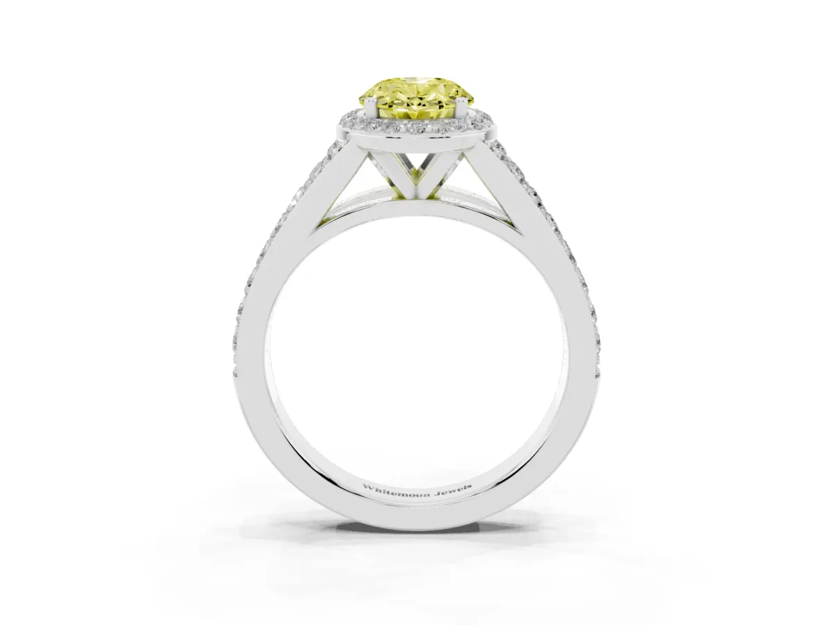 Fancy Yellow Oval Cut Diamond Split Shank Halo Ring with Four-Prong Setting Silver