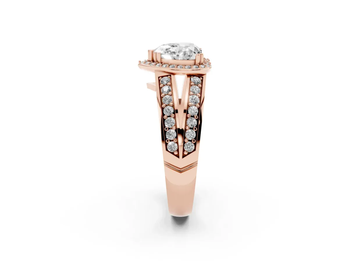 Heart Cut Diamond Halo Ring with Split Shank Pavé Band and Four-Prong Setting Rose gold