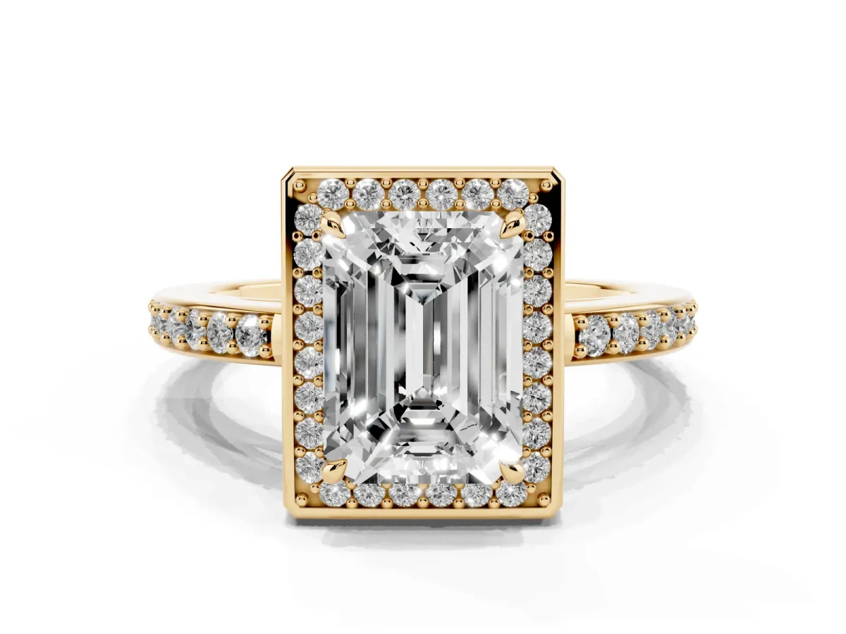 Emerald Cut Halo Pave Band Solitaire Ring with Prong Setting Yellow gold