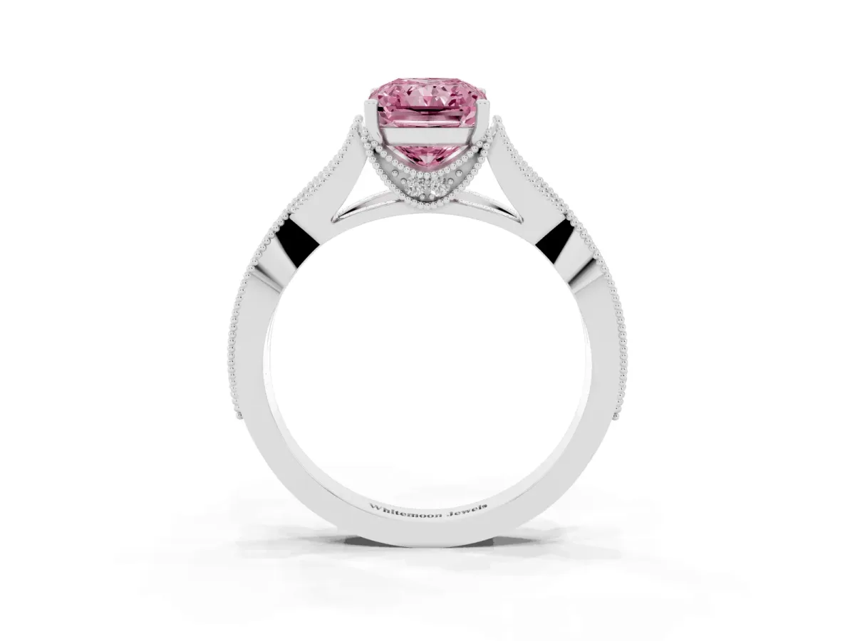 Fancy Pink Radiant Cut Cut Diamond Twisted Band with Milgrain Pave Setting and Four-Prong Setting White gold
