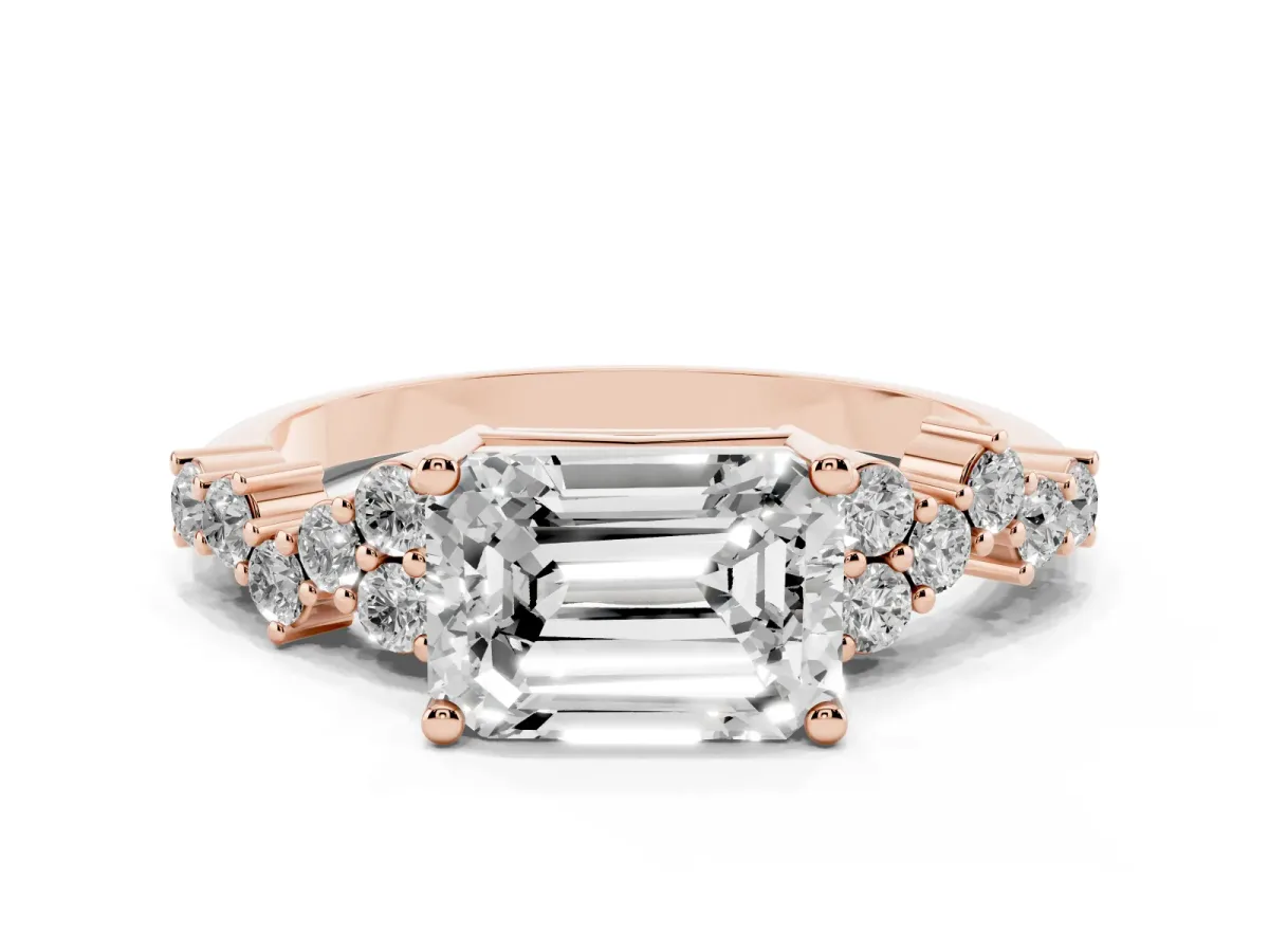 Emerald Cut Diamond Scattered Round Accent Ring with Prong Setting Rose gold